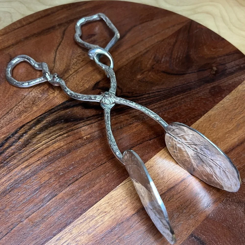 Botanical Leaf & Twig Silver Metal Scissor Tongs